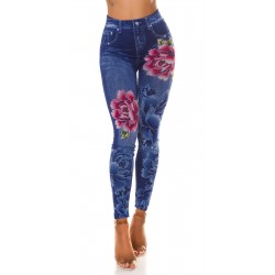 Blått rosmönster denim leggings med hög midja