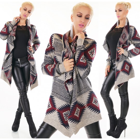 Red print pattern open wool...