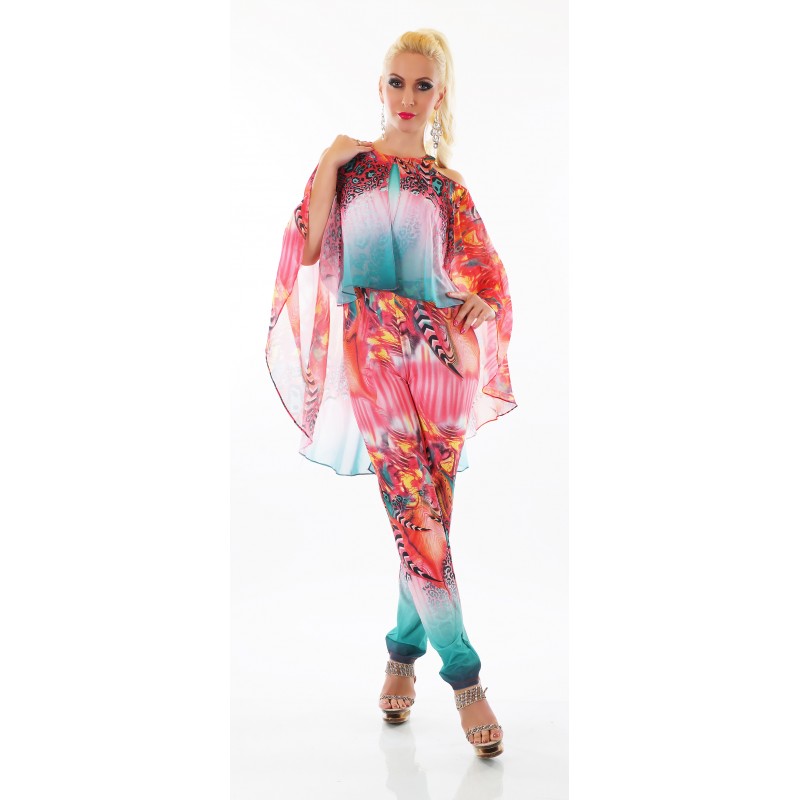 Punainen printtikuvioinen jumpsuit liehuksella