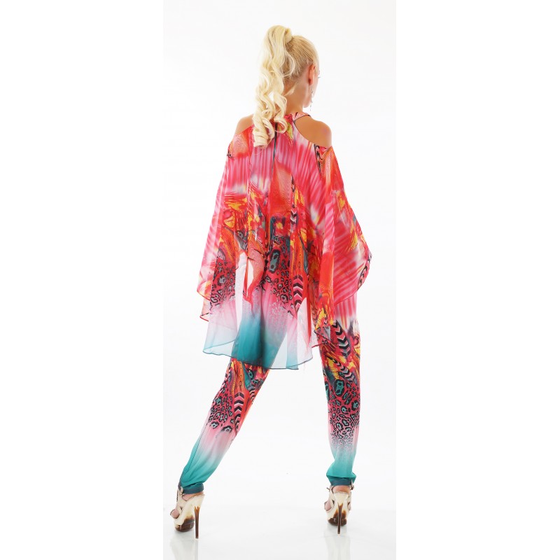 Punainen printtikuvioinen jumpsuit liehuksella – kuva 2