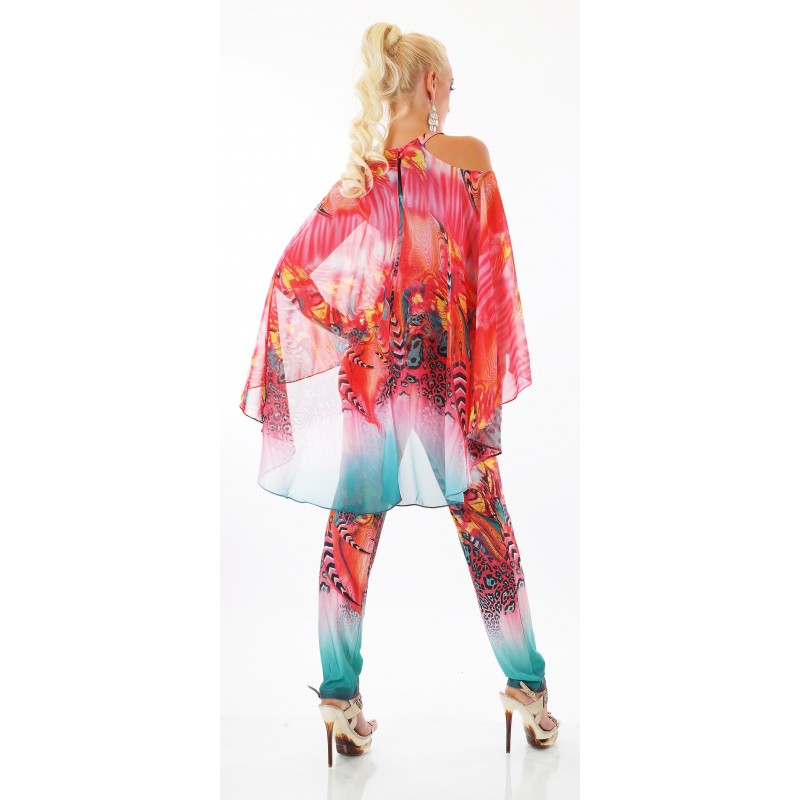 Punainen printtikuvioinen jumpsuit liehuksella – kuva 3