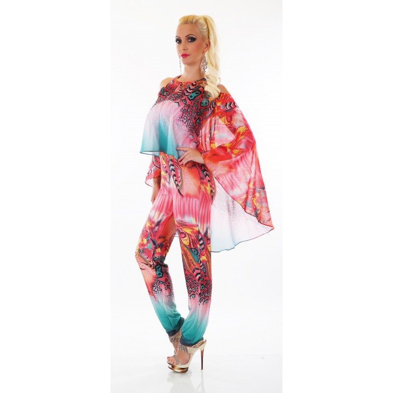 Punainen printtikuvioinen jumpsuit liehuksella – kuva 4