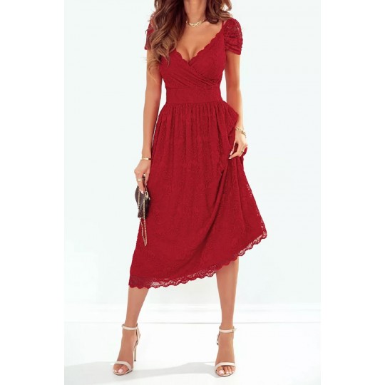 Red wrap look v-lace dress