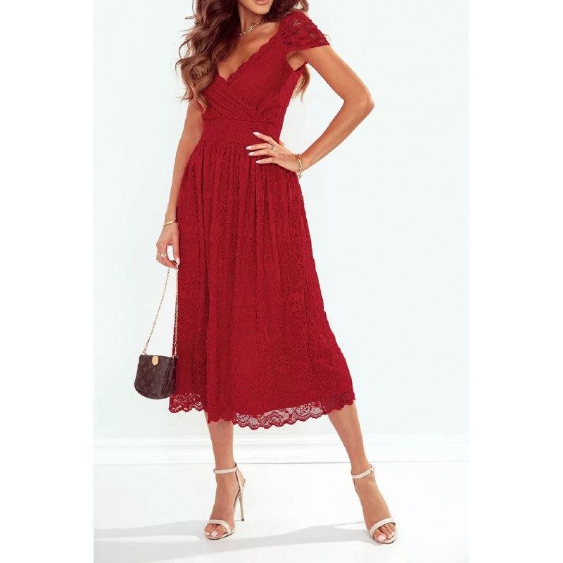 Punainen wrap-look v-pitsimidimekko – kuva 3