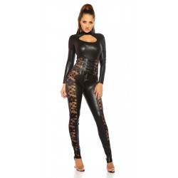 Koucla black wetlook catsuit with cords and lace