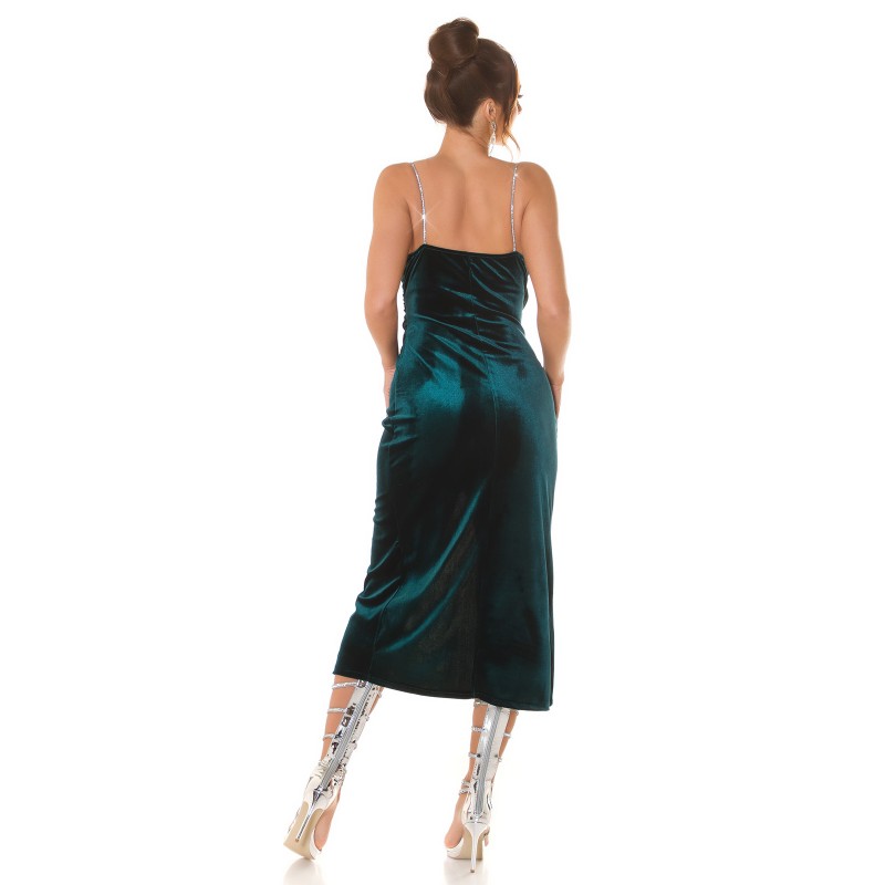 Grön sammet look wrap-look v-dress med kedjeband – kuva 2
