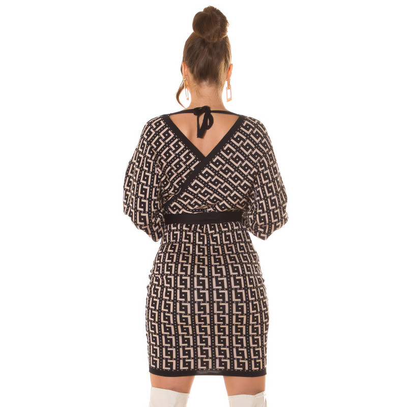 Svart tryck mönster wrap-look v-stickad klänning med fladdermusärmar och bälte – kuva 2