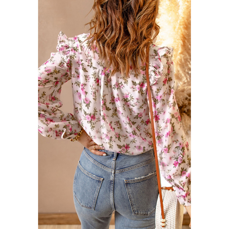 Vitt blommönster wrap look v-blus – kuva 2