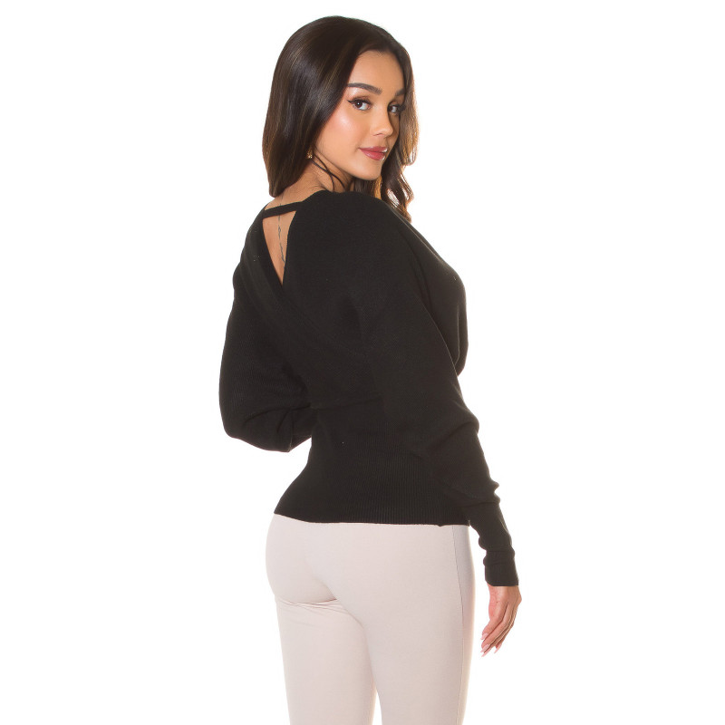 Svart dekorativ fladdermusärm wrap look V-stickad – kuva 2