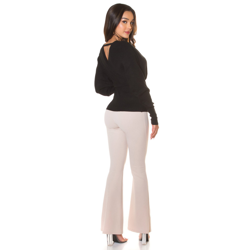 Svart dekorativ fladdermusärm wrap look V-stickad – kuva 3