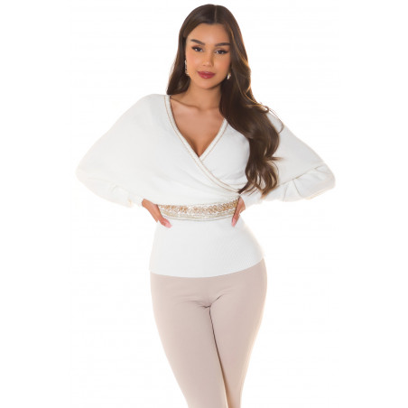 Valkoinen koristeinen lepakkohihainen wrap-look v-neule