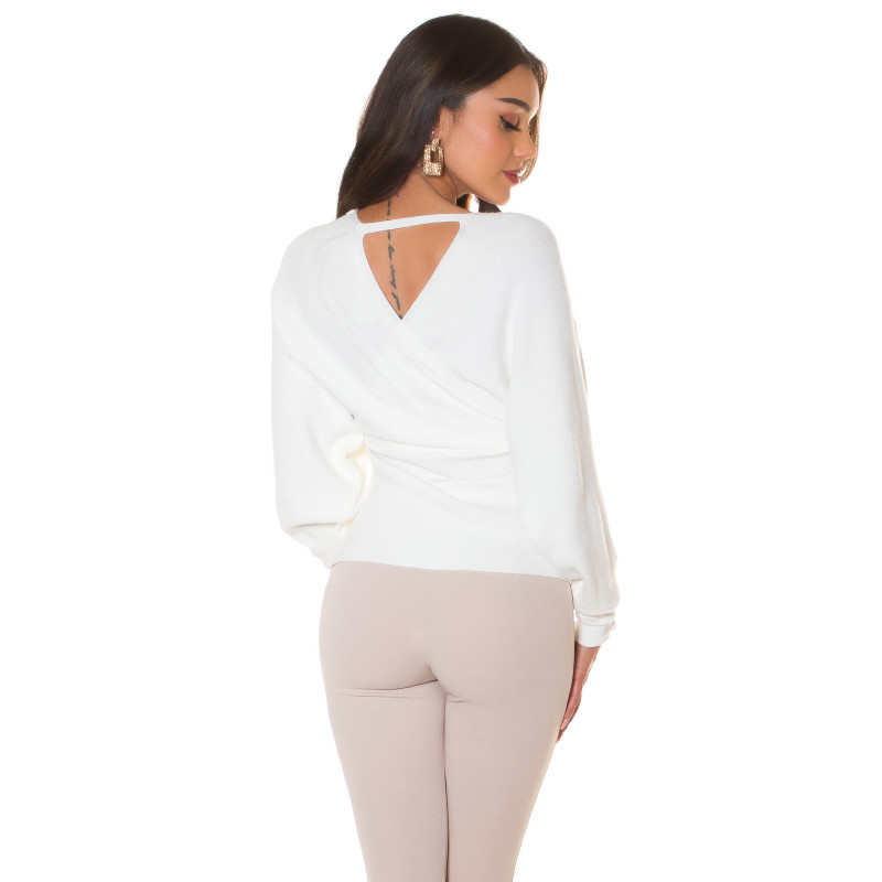 Vit dekorativ fladdermusärm Wrap Look V-stickad – kuva 2