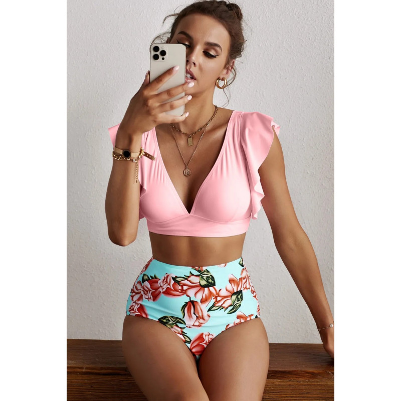 Rosa rosamönstrade volangfärgade v-bikinis – kuva 3