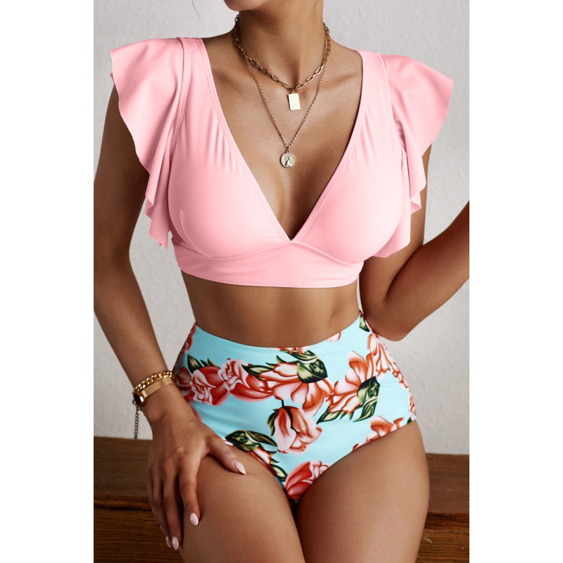 Rosa rosamönstrade volangfärgade v-bikinis – kuva 4
