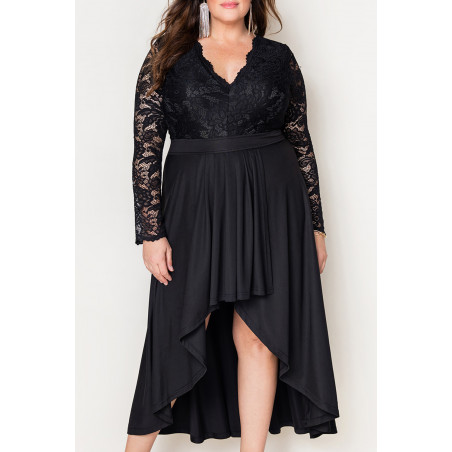 Svart spetsärmad hög låg festklänning (plus size)
