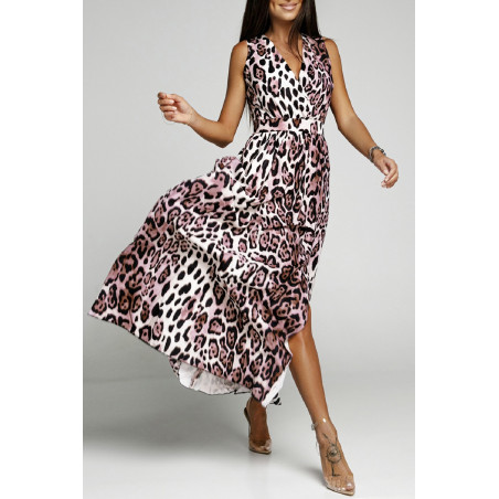 Leopard print v-maxi klänning med fluga