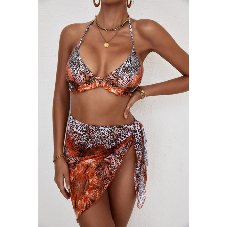 Orange leomönstrat bikiniset med sarong