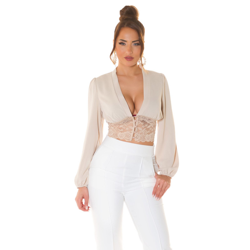 Koucla beige baggy sleeved kort v-blus med spets och pärlor