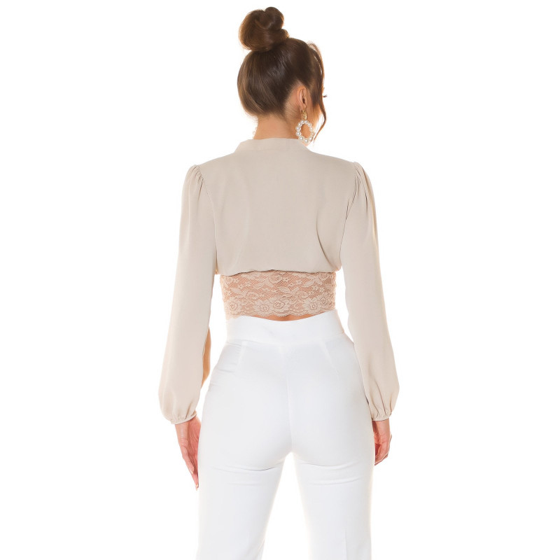 Koucla beige baggy sleeved kort v-blus med spets och pärlor – kuva 2