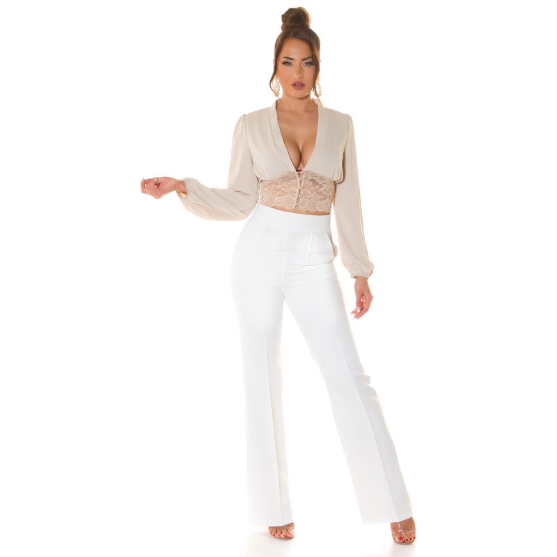 Koucla beige baggy sleeved kort v-blus med spets och pärlor – kuva 4