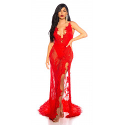 Red long lacy v-body dress
