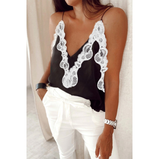 Black v-top with white lace