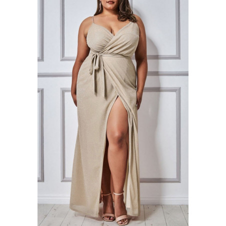 Aprikos wrap-look v-maxi klänning med slits (plus size) – 2XL