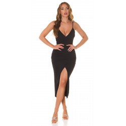 Black wrap-look v-midi dress with slit