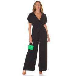 Musta lyhythihainen leveälahkeinen v-jumpsuit vyöllä