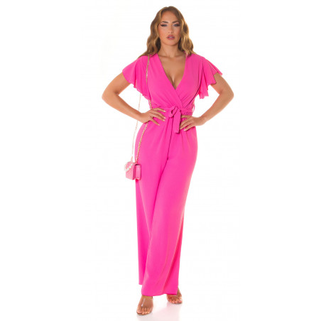 Pinkki lyhythihainen leveälahkeinen v-jumpsuit vyöllä