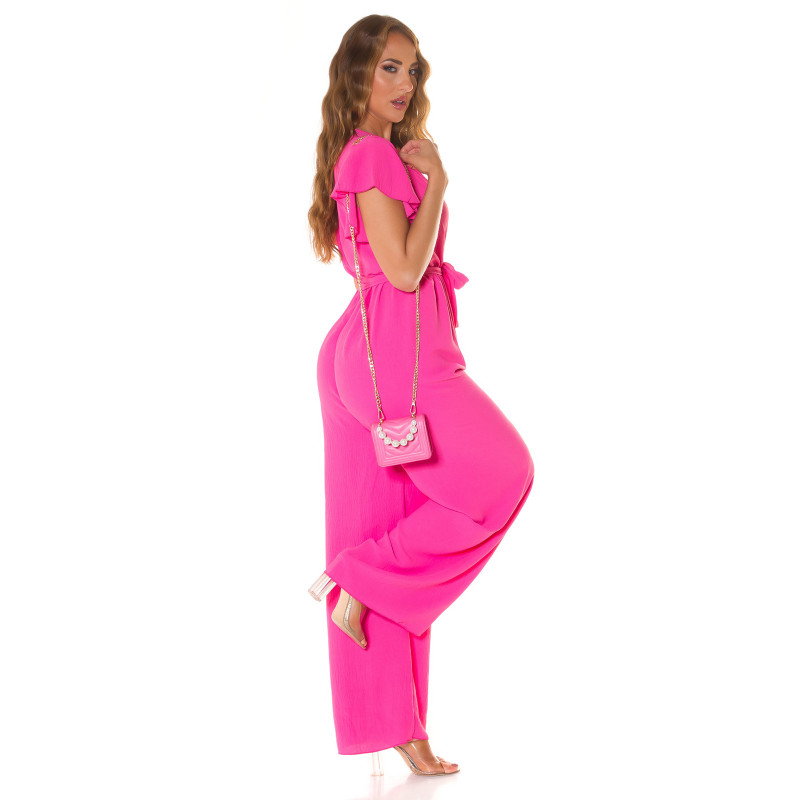 Pinkki lyhythihainen leveälahkeinen v-jumpsuit vyöllä – kuva 2