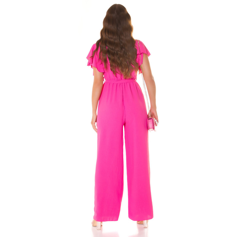 Pinkki lyhythihainen leveälahkeinen v-jumpsuit vyöllä – kuva 3