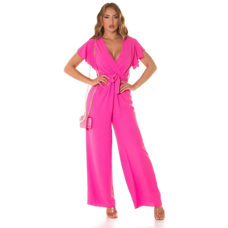 Pinkki lyhythihainen leveälahkeinen v-jumpsuit vyöllä – kuva 4