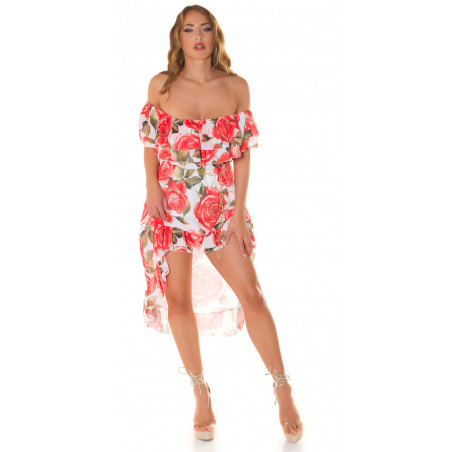 Punainen ruusukuvioinen off-shoulder high low -mekko ketjuvyöllä