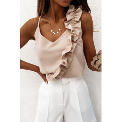 Beige ruffled trim-adorned top