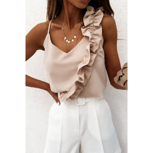 Beige ruffled trim-adorned top