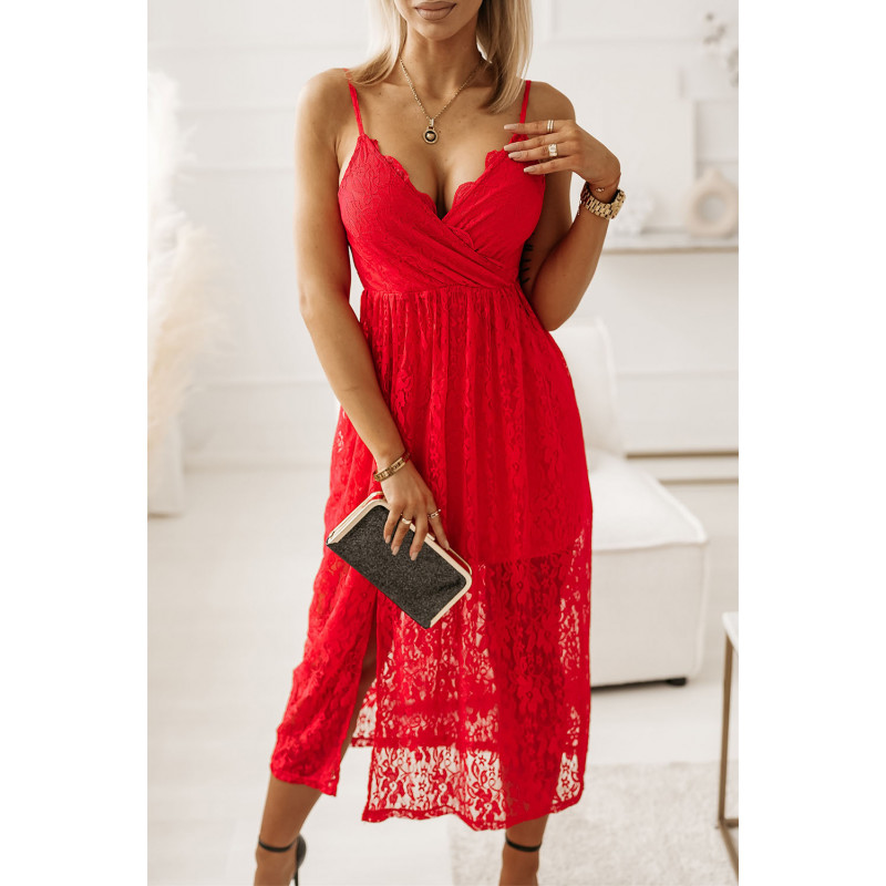 Röd lång wrap look v-spets klänning