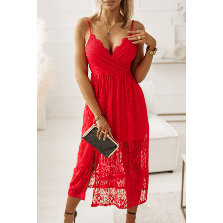 Röd lång wrap look v-spets klänning