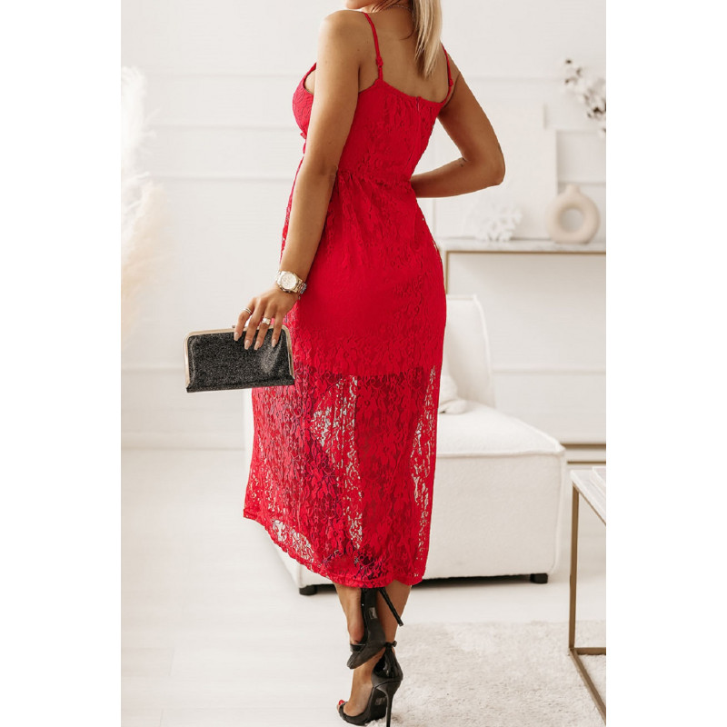 Punainen pitkä wrap-look v-pitsimekko – kuva 2