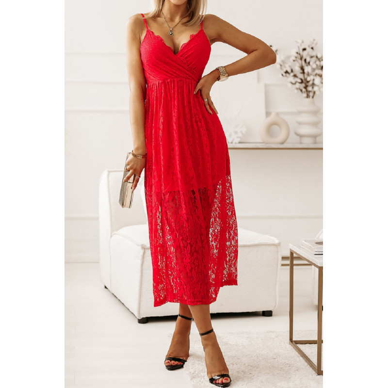 Röd lång wrap look v-spets klänning – kuva 4