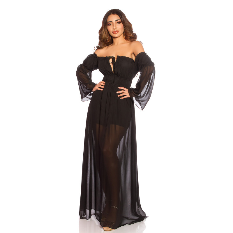 Musta pitkähihainen off-shoulder mesh-maksimekko