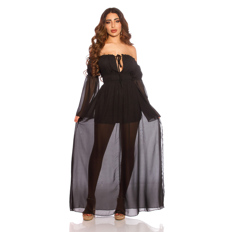 Musta pitkähihainen off-shoulder mesh-maksimekko – kuva 4