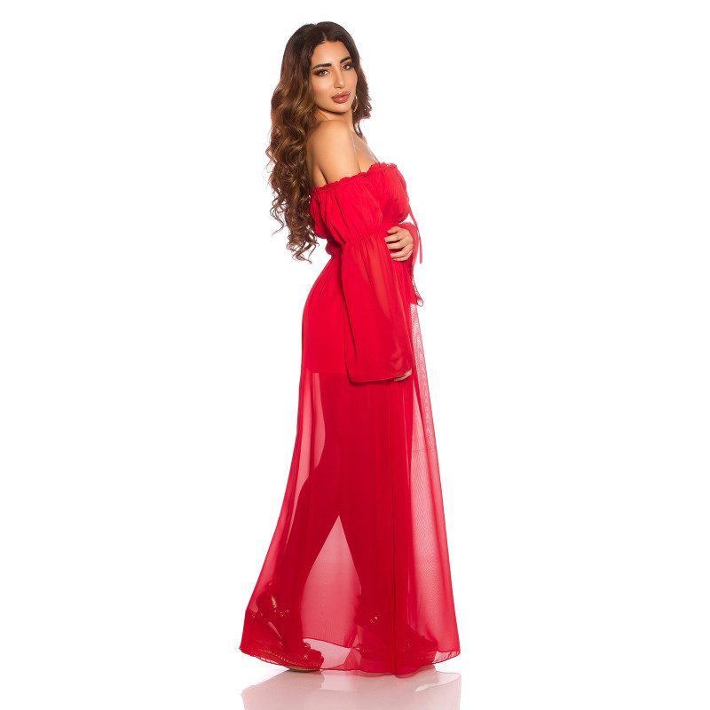 Punainen pitkähihainen off-shoulder mesh-maksimekko – kuva 3