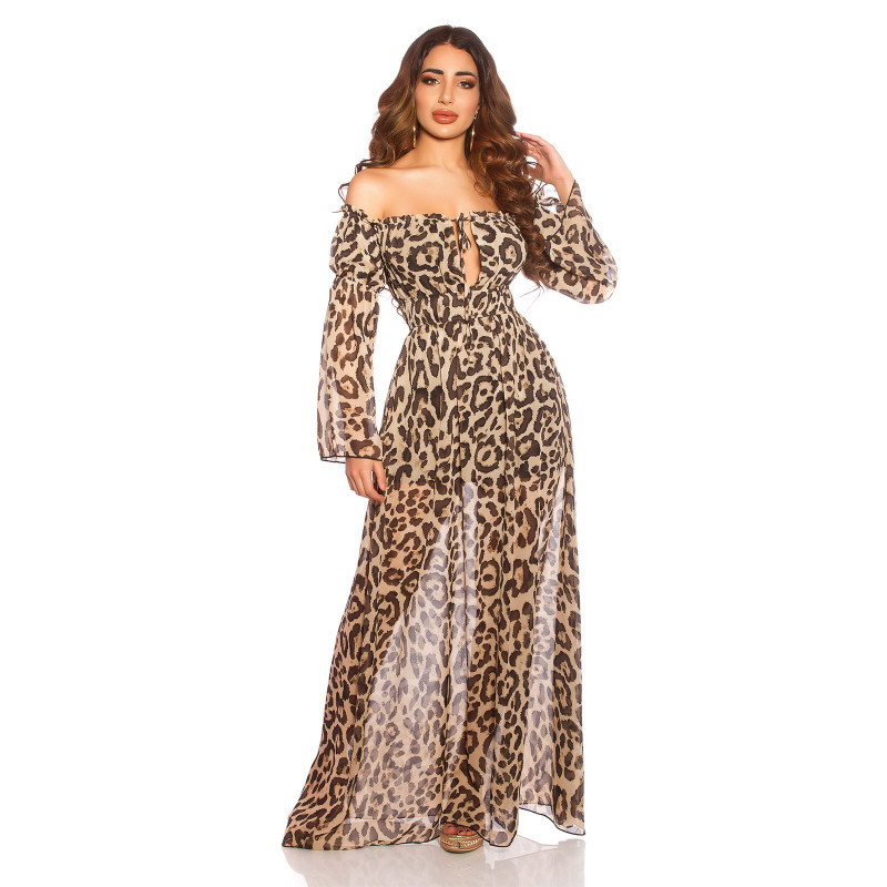 Leopardikuvioinen pitkähihainen off-shoulder mesh-maksimekko