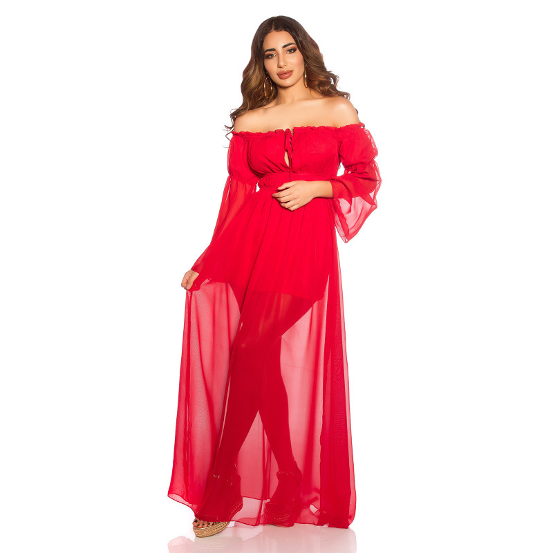 Punainen pitkähihainen off-shoulder mesh-maksimekko – kuva 4