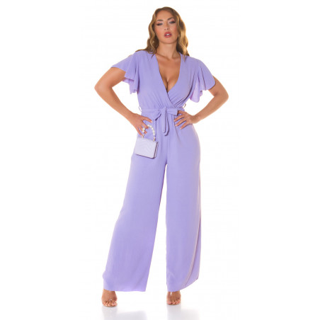 Lila kortärmad vida ben v-jumpsuit med bälte