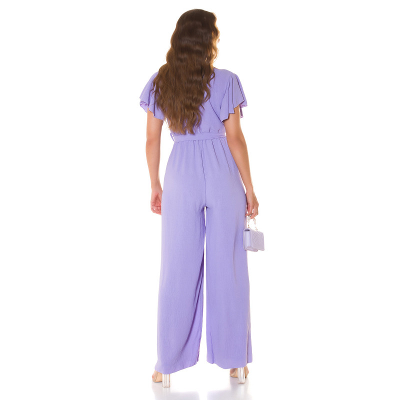 Lila lyhythihainen leveälahkeinen v-jumpsuit vyöllä – kuva 3