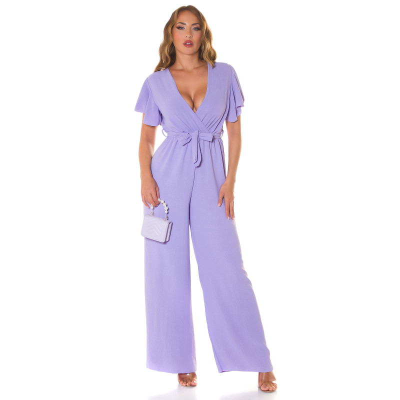Lila lyhythihainen leveälahkeinen v-jumpsuit vyöllä – kuva 4