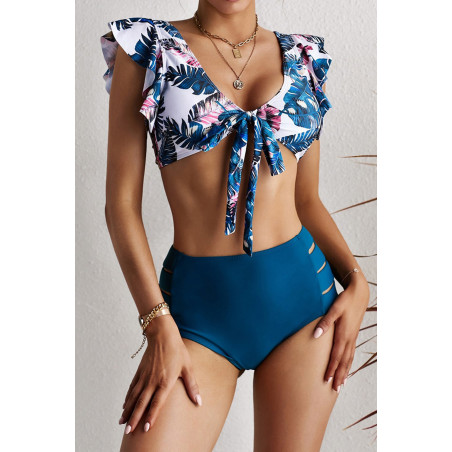 Mörkgrön lövmönster bikini med hög midja med slitsar