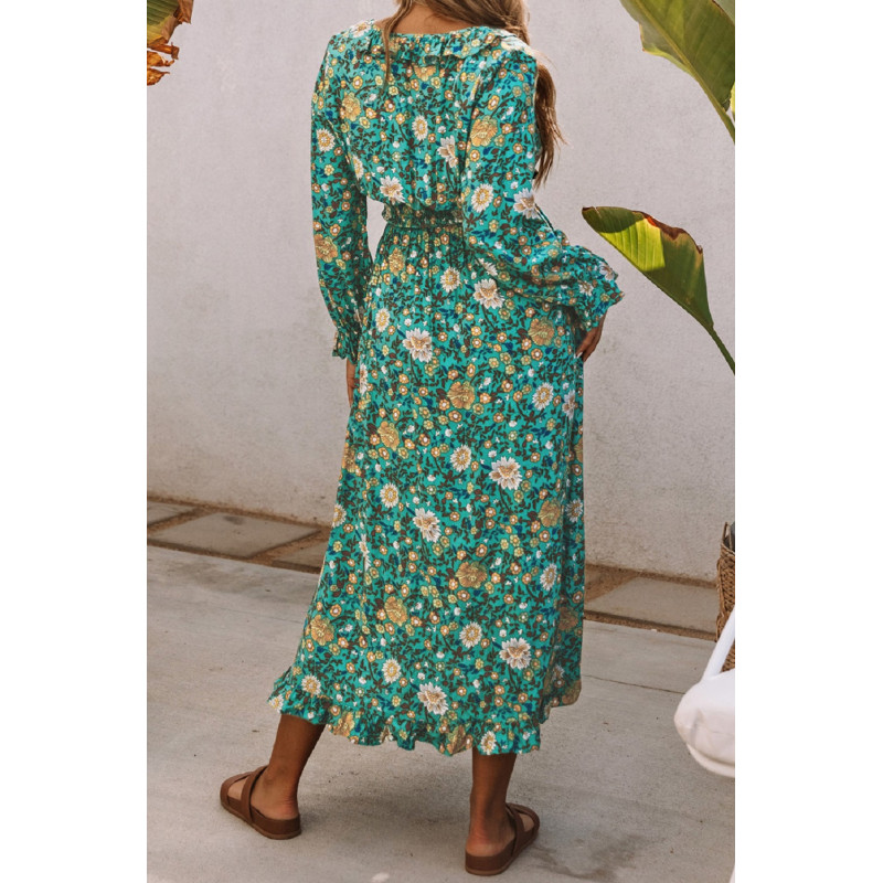 Grön långärmad print print wrap look v-maxi klänning – kuva 2